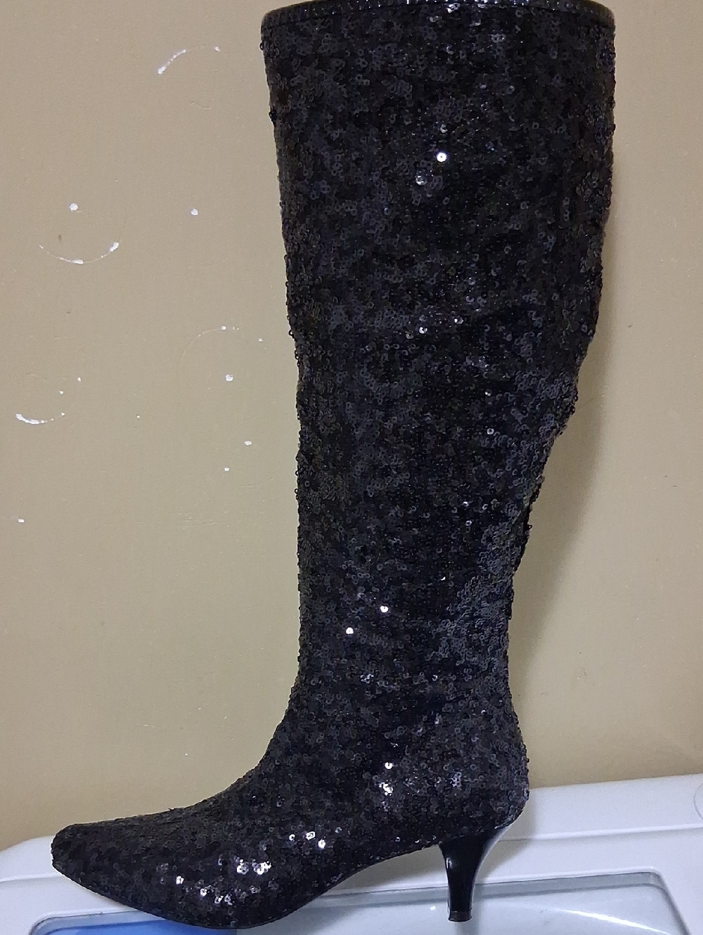 Women's Black Sequin Knee-High Heeled Boots